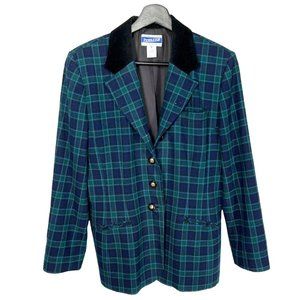 Vintage 90s Pendleton Blue Green Plaid Wool Triple Button Blazer Size 12